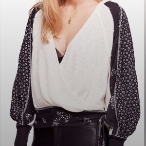 Free People Black and Cream Floral Wrap Blouse